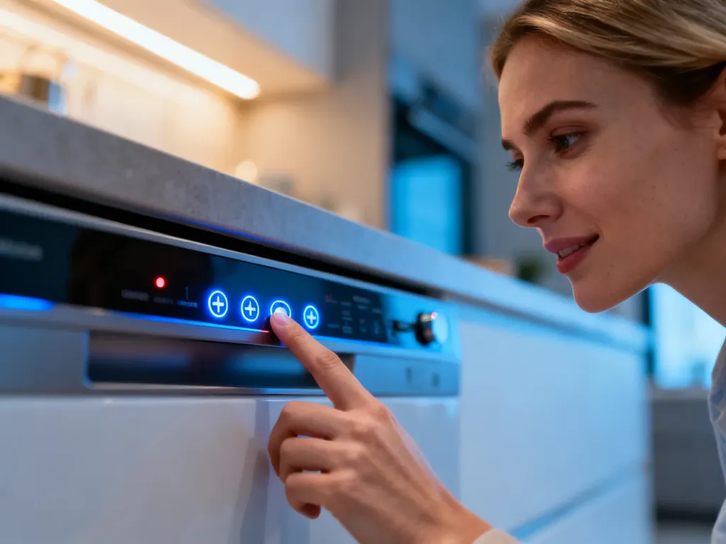 Dłoń kobiety wybierającej program na podświetlanym panelu sterowania nowoczesnej zmywarki Electrolux.