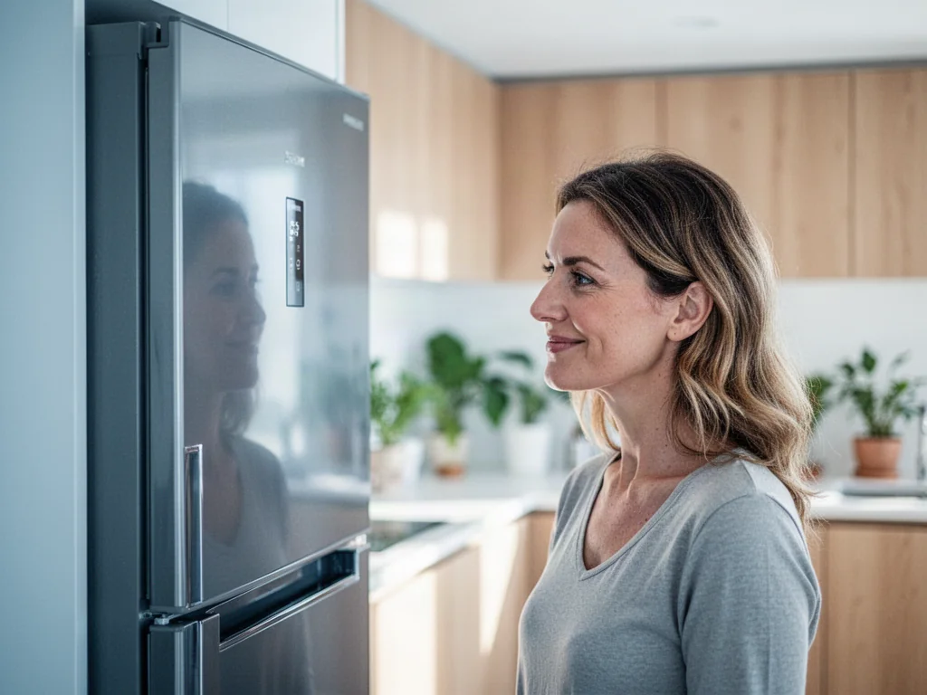 Uśmiechnięta kobieta w nowoczesnej kuchni wybierająca energooszczędną lodówkę.