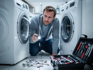 Technik naprawia uszczelkę w drzwiach nowoczesnej lodówki, dbając o szczelność urządzenia w jasnej kuchni.