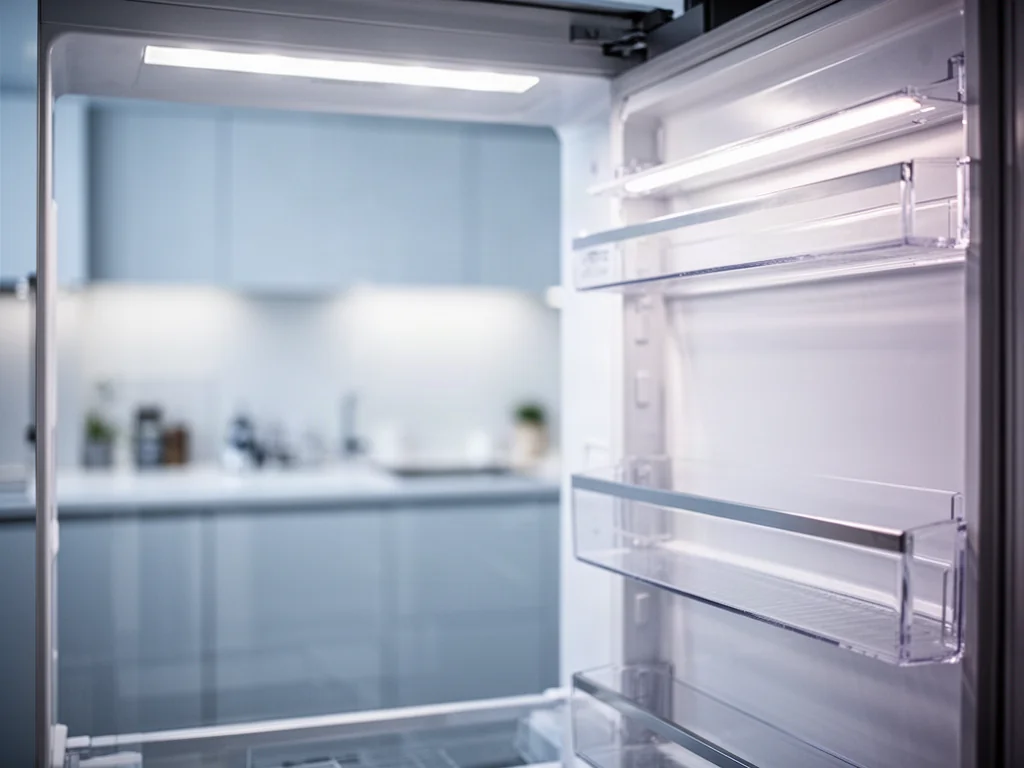Wnętrze nowoczesnej lodówki z systemem no frost, ukazujące czyste, uporządkowane półki i jasne oświetlenie LED.