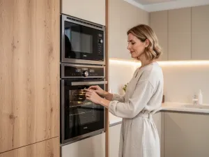 Kobieta ustawia temperaturę na panelu sterowania nowoczesnej lodówki Samsung w jasnej, minimalistycznej kuchni.
