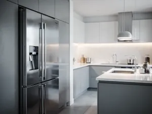 Uśmiechnięta kobieta wkłada ubrania do nowoczesnej, białej pralki w jasnej, minimalistycznej pralni.