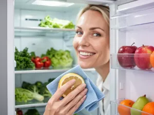Wnętrze bębna pralki z widocznymi zabrudzeniami oraz kobieta trzymająca poplamioną odzież w tle.