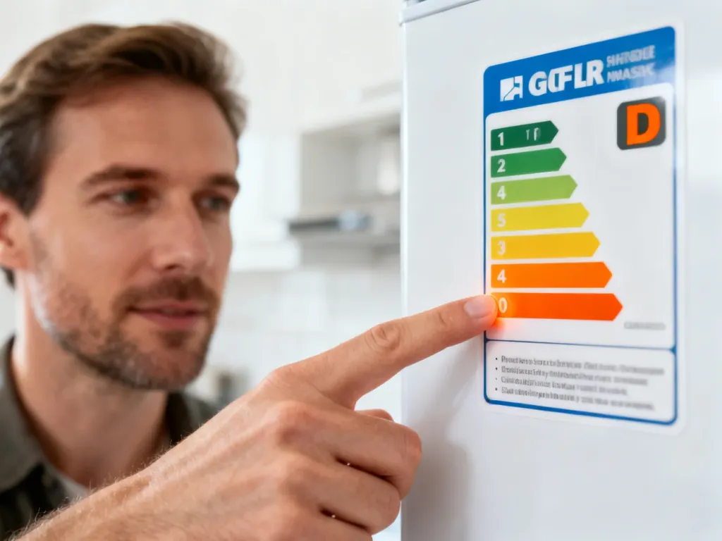 Mężczyzna wskazuje palcem na etykiecie energetycznej urządzenia literę D w kolorze pomarańczowym.