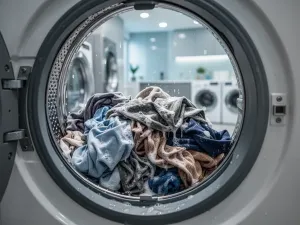 Uśmiechnięta kobieta w nowoczesnej kuchni wybierająca energooszczędną lodówkę.