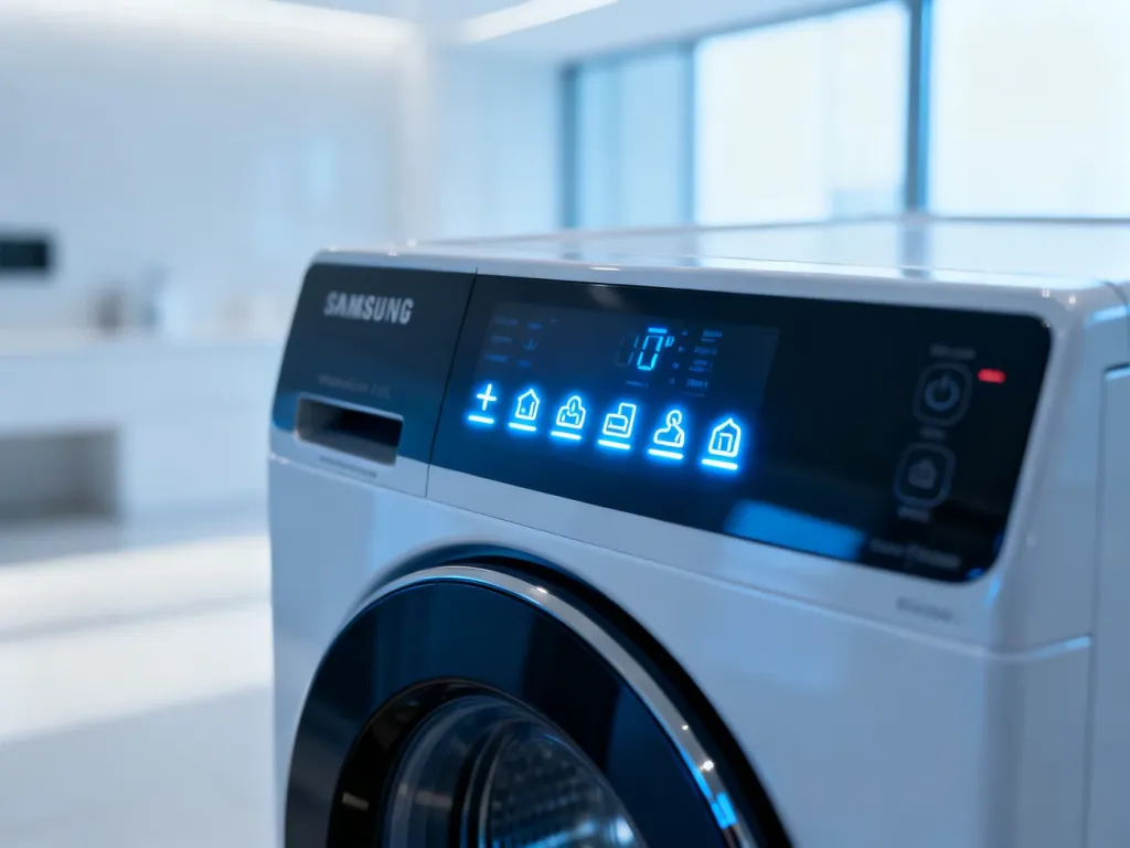 Zbliżenie na nowoczesny panel sterowania pralki Samsung z podświetlanymi ikonami funkcji na cyfrowym wyświetlaczu.