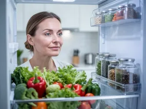 Szuflada nowoczesnej zamrażarki lekko otwarta, uporządkowane pojemniki z mrożonkami podkreślają niską, optymalną temperaturę.