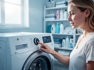 Kobieta czyści wnętrze lodówki przy użyciu cytryny i ściereczki, dbając o świeżość i porządek wewnątrz urządzenia.