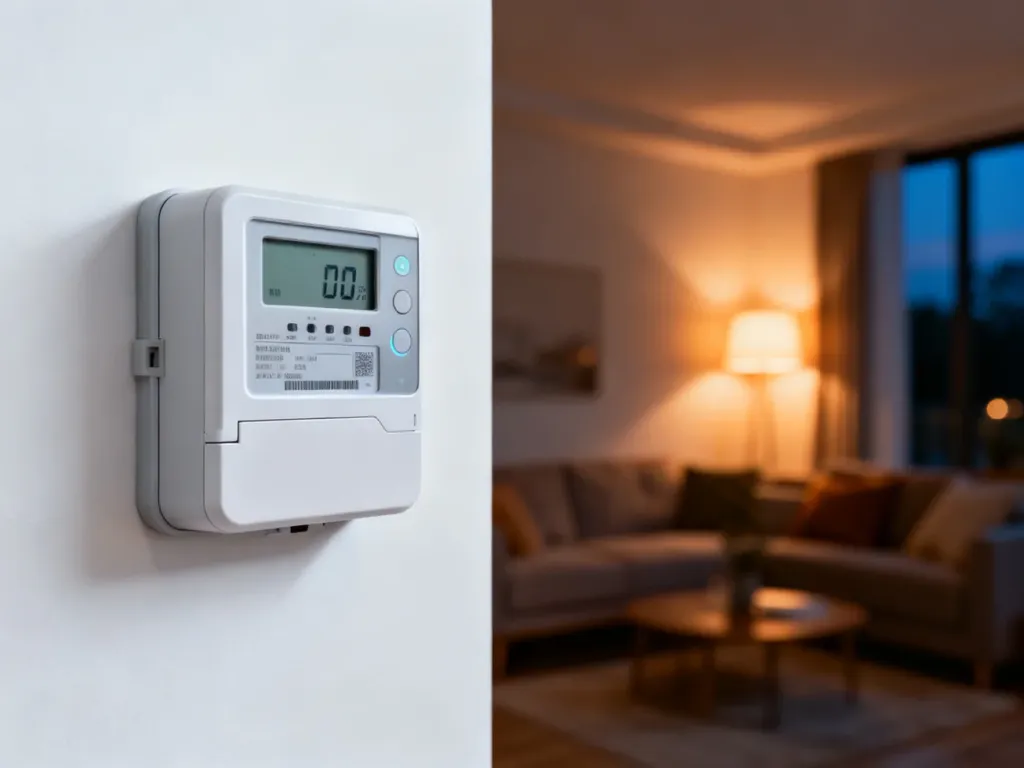 Nowoczesny licznik energii elektrycznej na tle przytulnego salonu, symbolizujący efektywne zarządzanie zużyciem prądu.