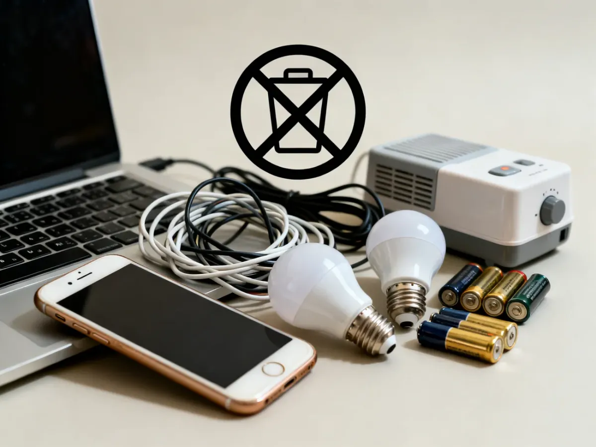 Różnorodne elektrośmieci, w tym telefon, laptop, kable, baterie i żarówki LED