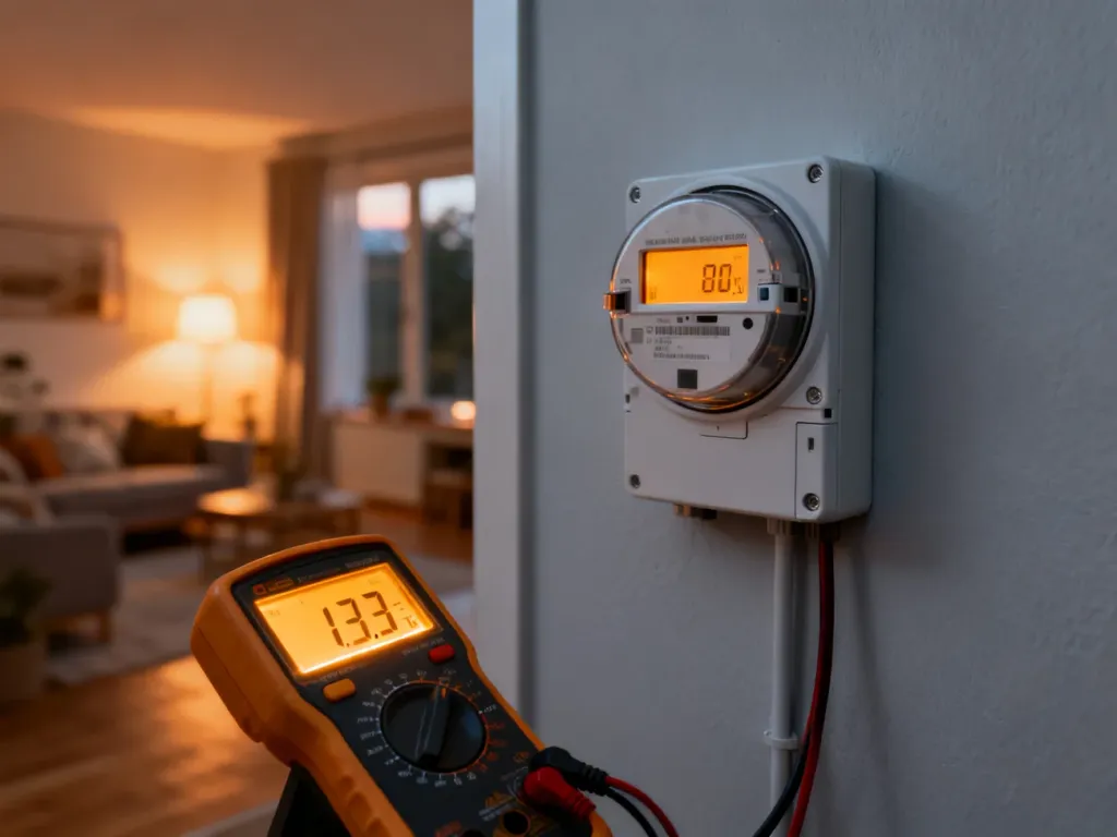 Nowoczesny licznik energii elektrycznej na ścianie oraz multimetr wskazujący zużycie prądu w przytulnym domu.