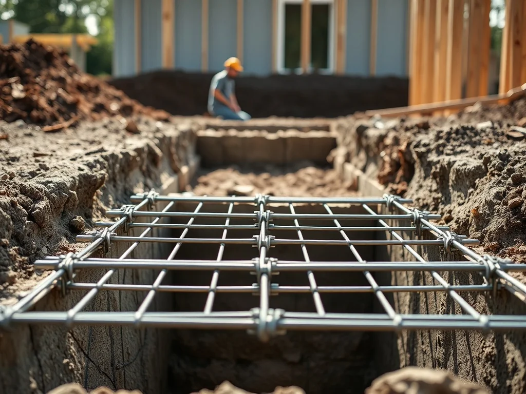 Pracownik układa zbrojenie z prętów stalowych w wykopie fundamentowym domu jednorodzinnego, przygotowując siatkę pod beton.