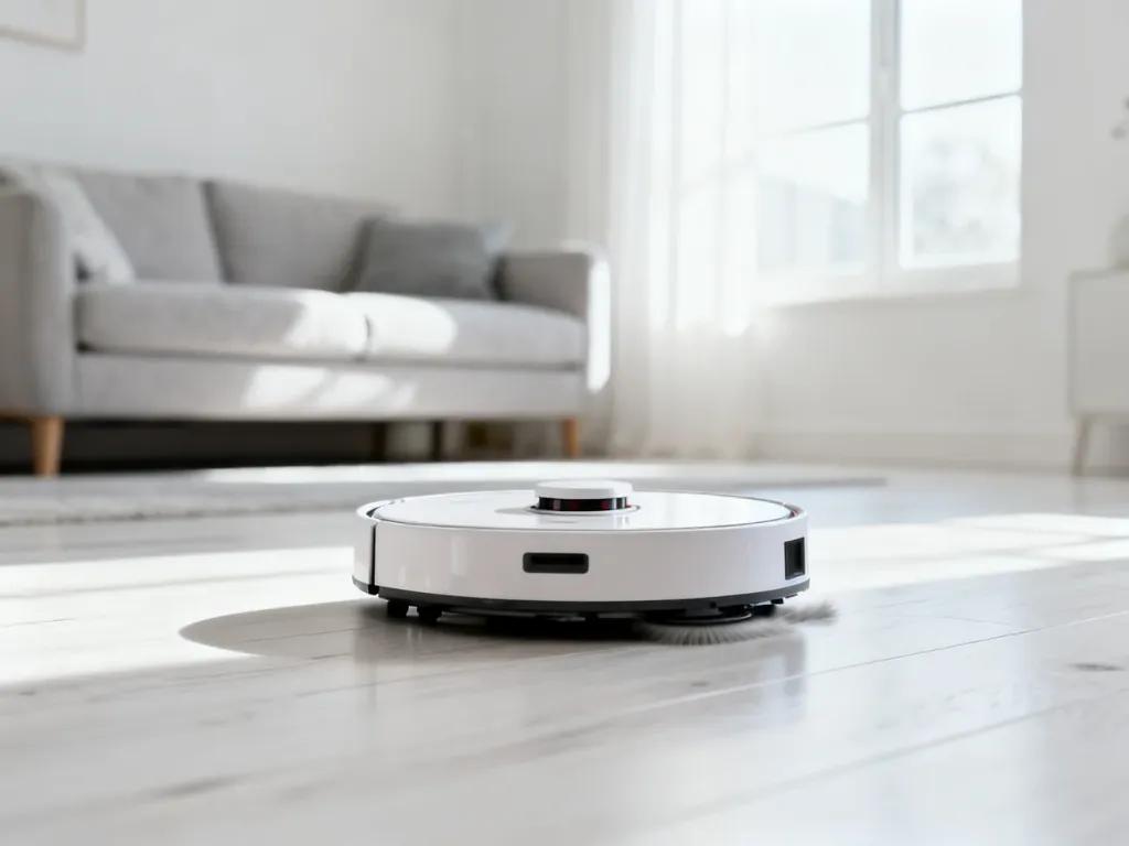 Nowoczesny robot sprzątający odkurza jasną drewnianą podłogę w minimalistycznym salonie.