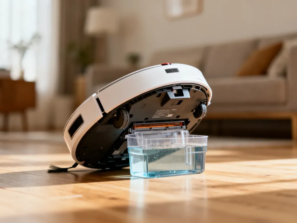 Nowoczesny robot sprzątający odwrócony do góry dnem, ukazujący spód urządzenia oraz zbiornik na wodę.