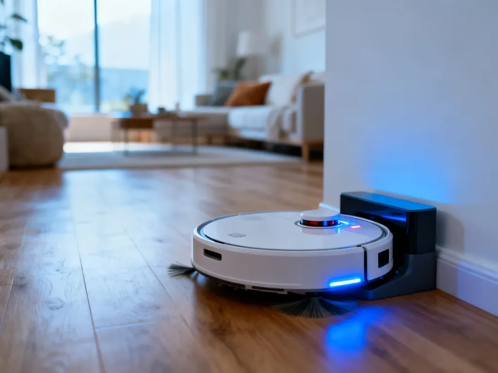 Nowoczesny robot sprzątający podłączony do stacji ładującej w jasnym, minimalistycznym salonie.