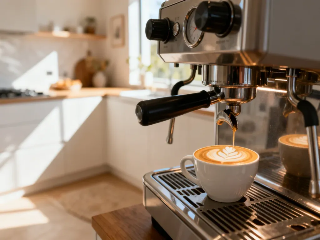Profesjonalny ekspres do kawy w nowoczesnej kuchni z filiżanką świeżego latte art na pierwszym planie.