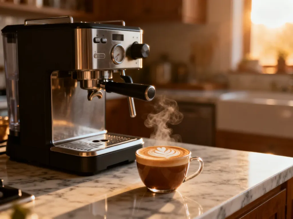 Nowoczesny ekspres do kawy na marmurowym blacie z filiżanką świeżego napoju z latte art w promieniach porannego słońca.