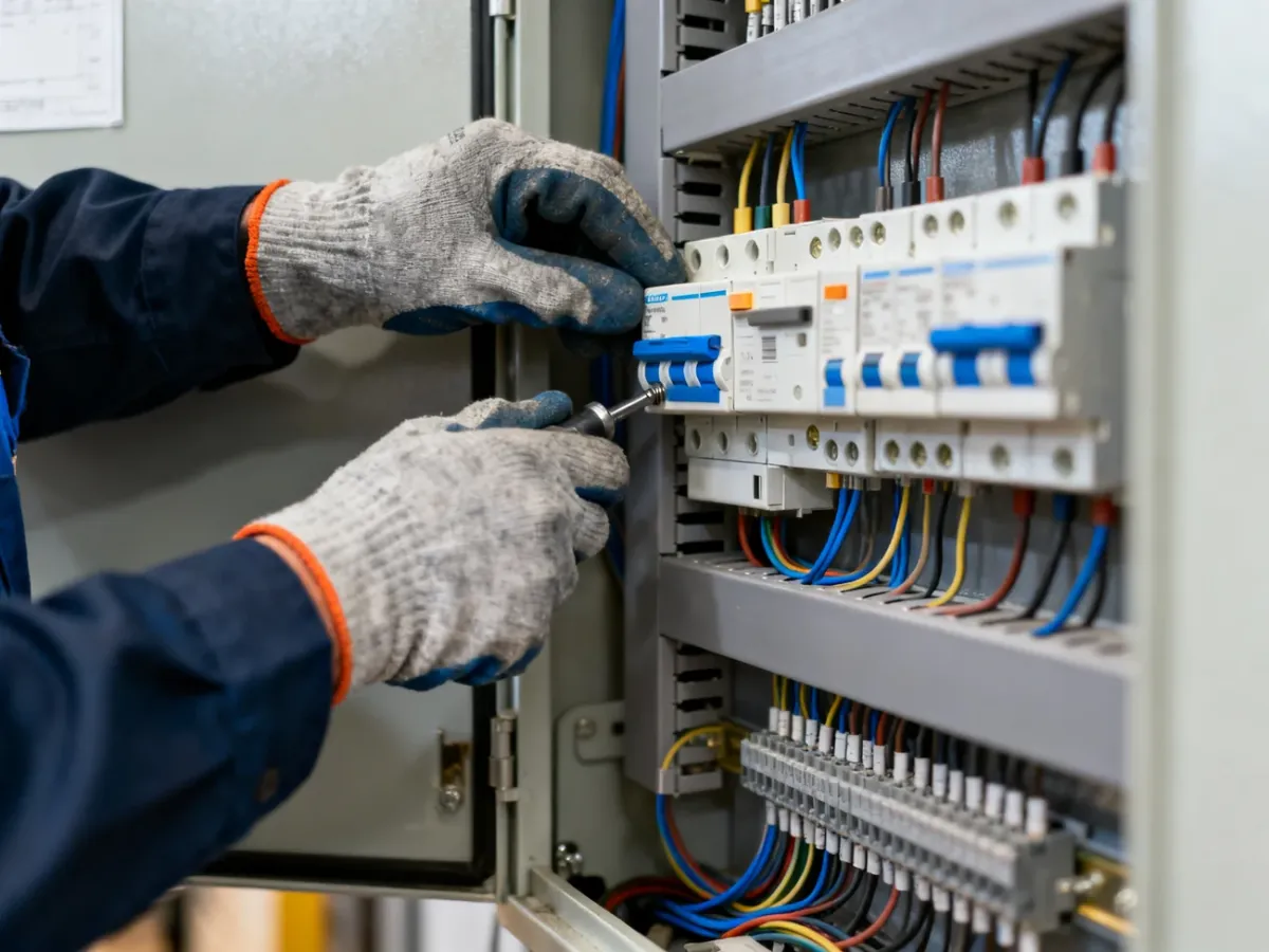 Elektryk sprawdzający połączenia w rozdzielnicy elektrycznej