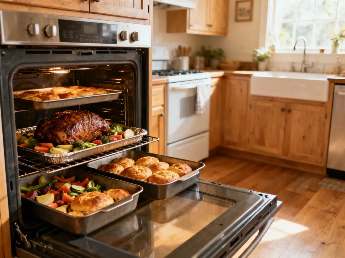 Pojemny piekarnik do zabudowy z kilkoma potrawami przygotowywanymi dla rodziny