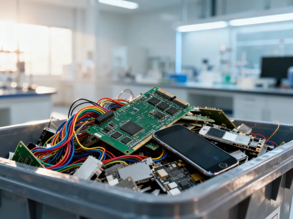 Kosz do segregacji elektrośmieci wypełniony starymi płytkami drukowanymi, kablami i podzespołami elektronicznymi.