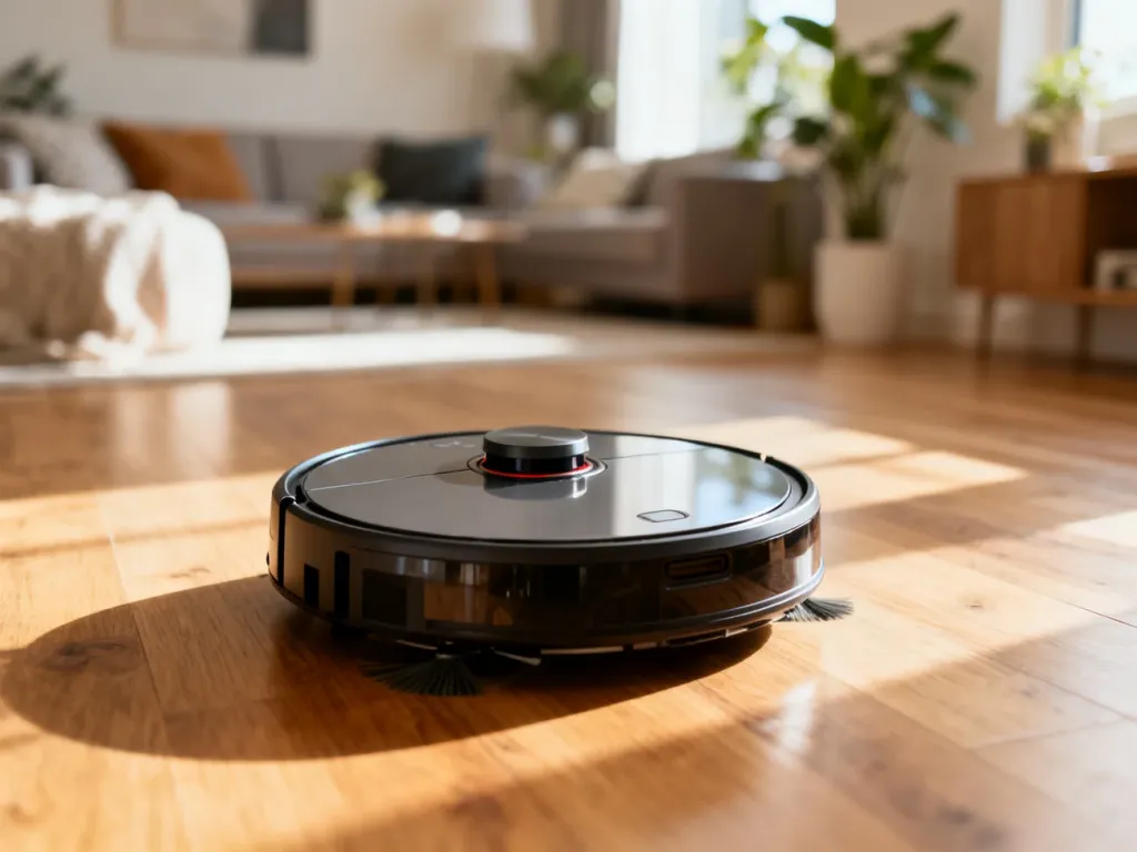 Nowoczesny robot sprzątający na drewnianej podłodze w słonecznym, przytulnym salonie.