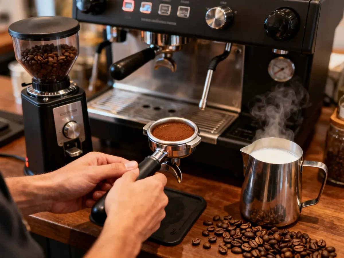 Domowy barista przygotowujący espresso za pomocą ekspresu kolbowego