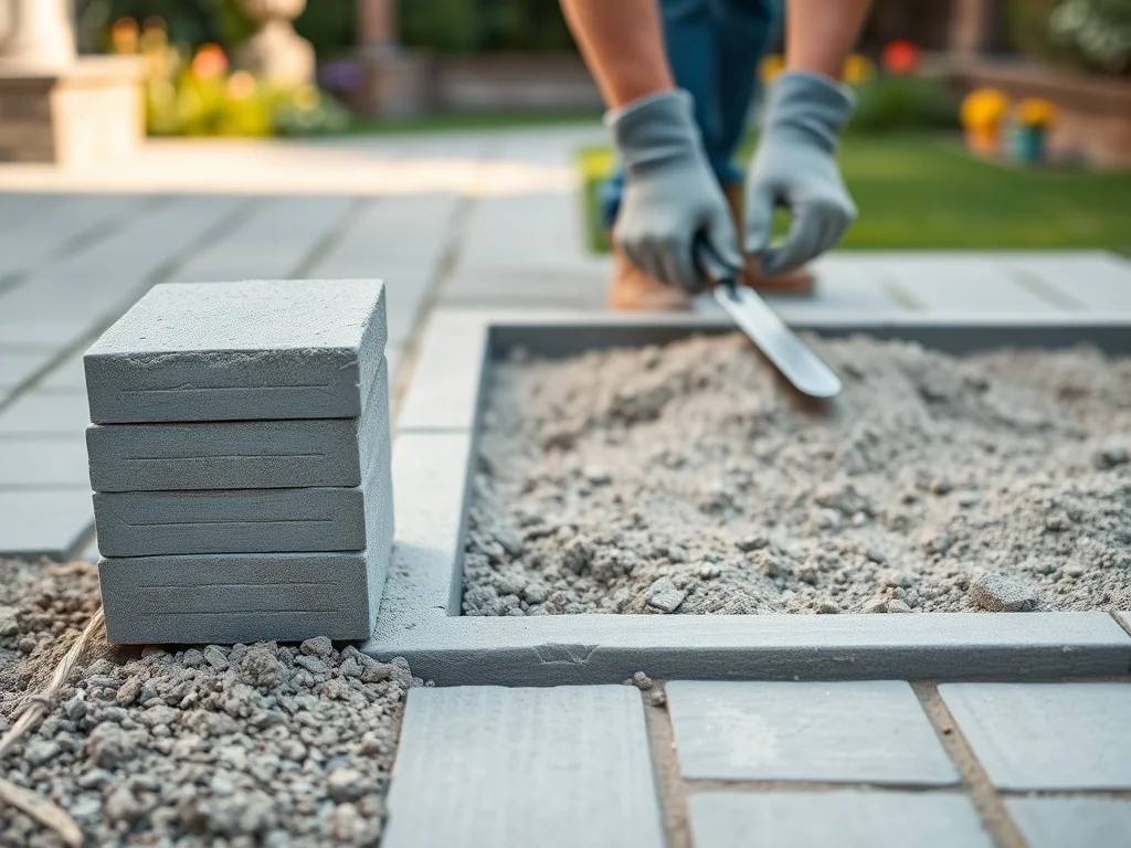 Ręce pracownika wyrównujące suchy beton pod kostkę brukową obok ułożonych szarych kostek na powstającym tarasie.