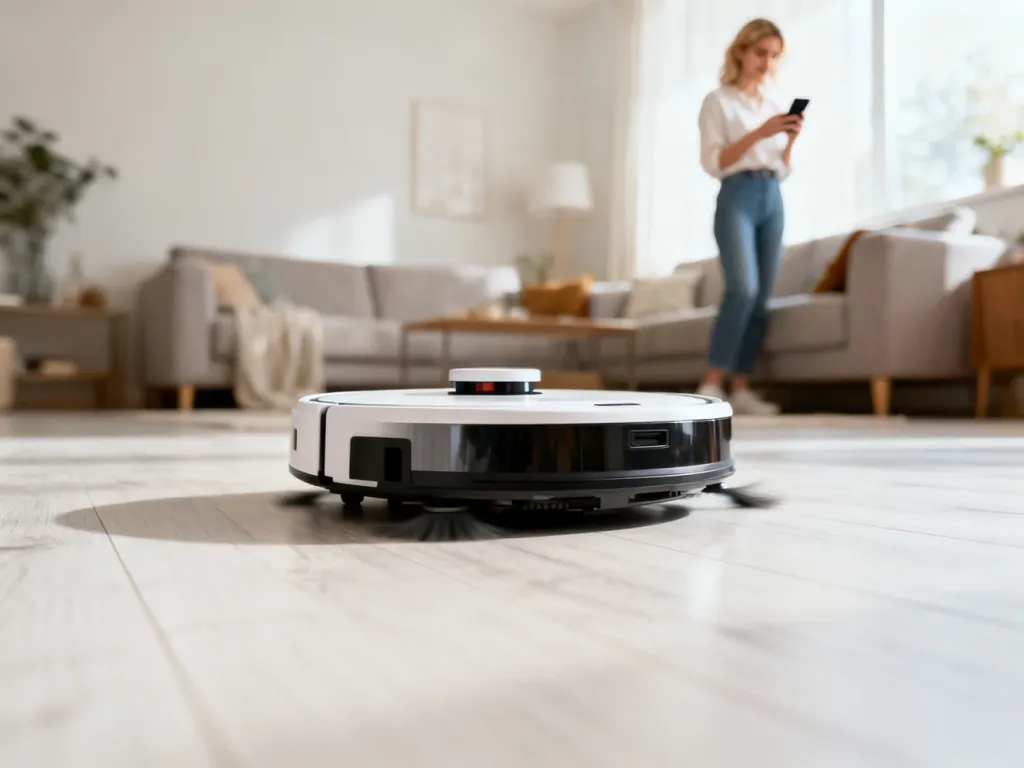 Nowoczesny robot sprzątający na drewnianej podłodze w jasnym salonie, w którym kobieta steruje urządzeniem za pomocą smartfona.