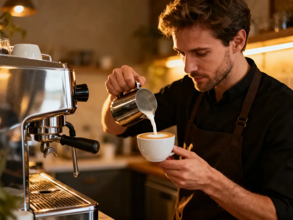 Barista wlewa spienione mleko do filiżanki kawy obok nowoczesnego ekspresu ciśnieniowego w przytulnej kuchni.