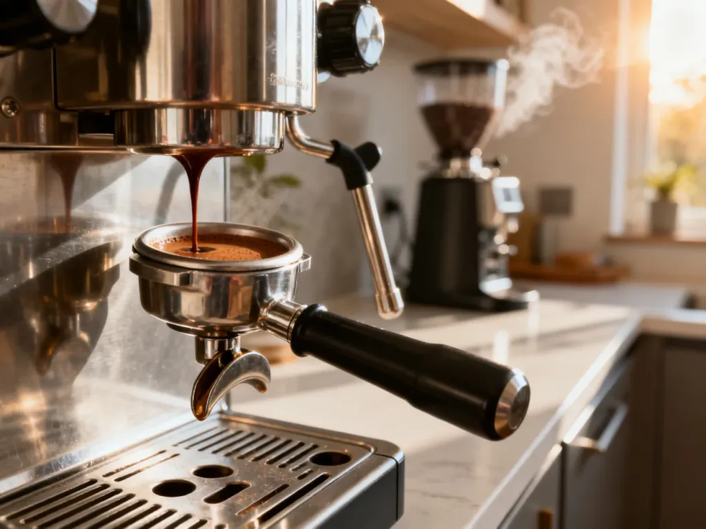 Kolba profesjonalnego ekspresu wypełniona świeżym espresso z gęstą cremą, w tle przytulna domowa kuchnia.