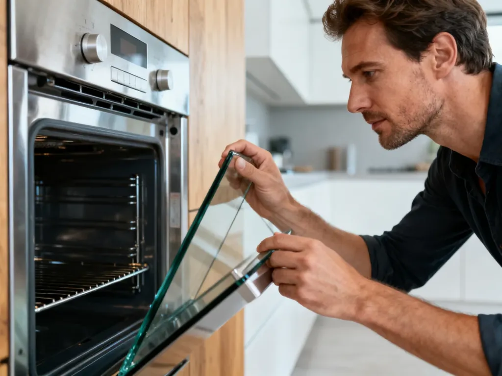 Mężczyzna ostrożnie wyjmuje szklaną szybę z drzwiczek nowoczesnego piekarnika Samsung Dual Cook w jasnej kuchni.