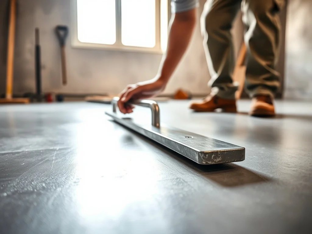 Pracownik budowlany wyrównuje świeżą wylewkę betonową łatą, gładka powierzchnia podłogi w trakcie wykonywania robocizny
