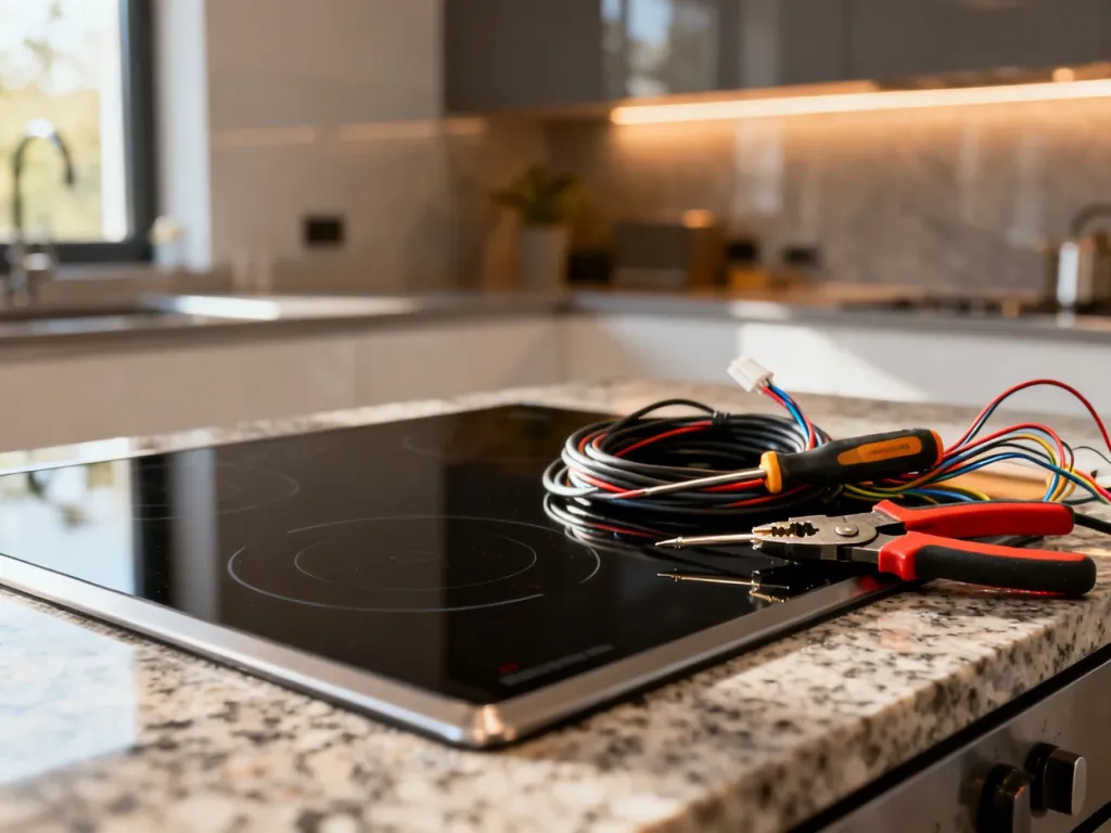 Profesjonalne narzędzia i przewody elektryczne przygotowane do podłączenia płyty indukcyjnej na blacie kuchennym.