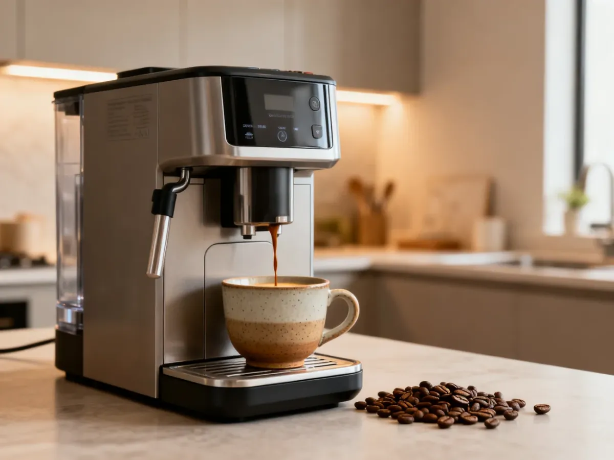 Automatyczny ekspres przygotowujący espresso w nowoczesnej kuchni