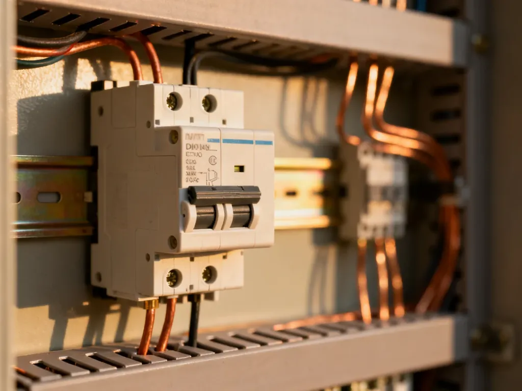 Wyłącznik nadprądowy zamontowany na szynie DIN w rozdzielnicy elektrycznej z widocznymi przewodami w tle.