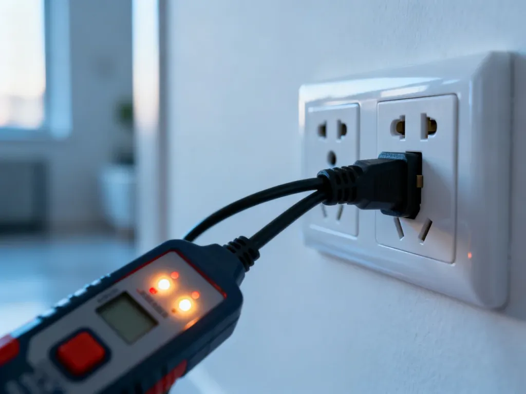 Tester napięcia wpięty do gniazdka elektrycznego, wskazujący na poprawność instalacji poprzez świecące diody LED.