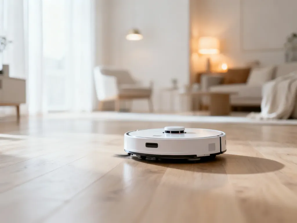 Nowoczesny robot sprzątający pracujący na drewnianej podłodze w przytulnym, minimalistycznym salonie.