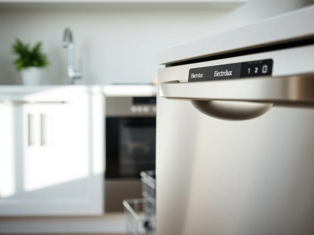 Półotwarta zmywarka Electrolux w jasnej kuchni, z podświetlonym panelem sterowania, gotowa do uruchomienia czyszczenia.
