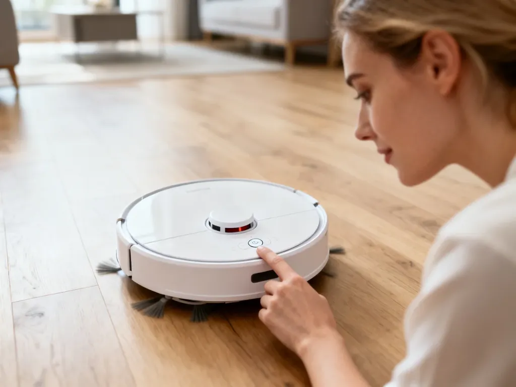 Kobieta naciska przycisk resetowania na białym robocie sprzątającym Xiaomi umieszczonym na drewnianej podłodze.