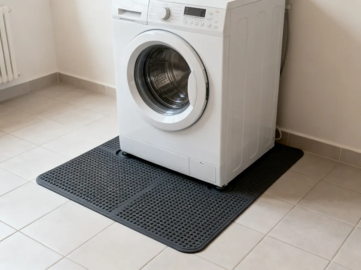 Pralka ustawiona na gumowej macie antypoślizgowej na tiled floor