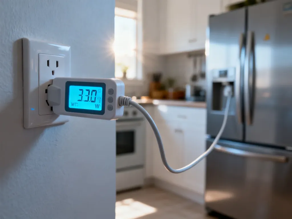 Cyfrowy watomierz podłączony do gniazdka, mierzący pobór energii elektrycznej przez lodówkę w domowej kuchni.