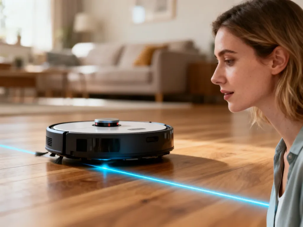 Robot sprzątający zatrzymuje się przed wirtualną barierą wyznaczoną przez niebieską linię lasera na podłodze.