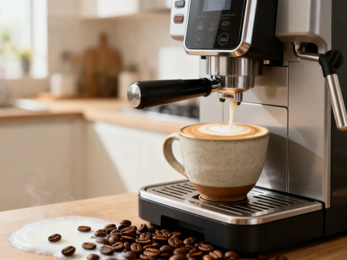 Automatyczny ekspres przygotowujący cappuccino w nowoczesnej kuchni