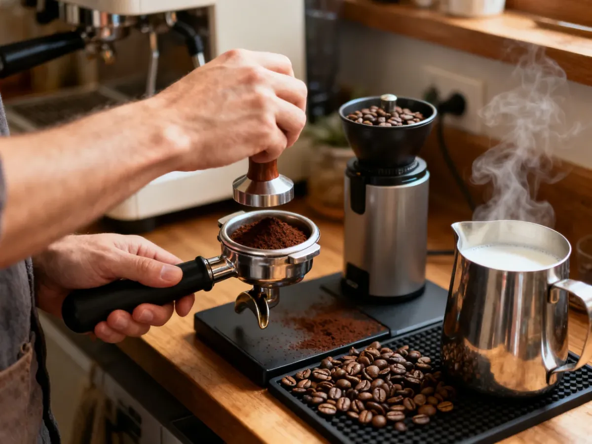 Domowy barista przygotowujący espresso w ekspresie kolbowym