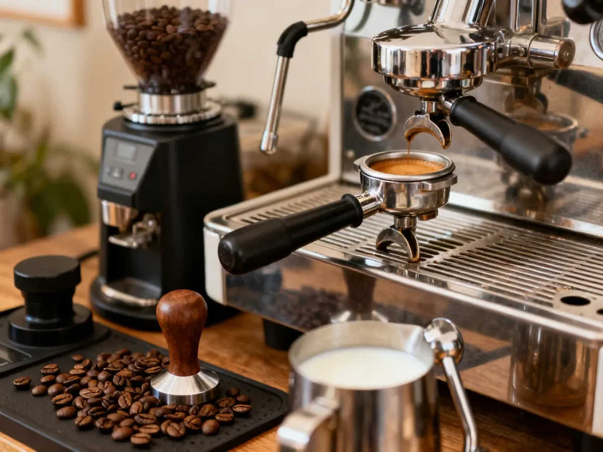 Domowy barista przygotowujący espresso w ekspresie kolbowym
