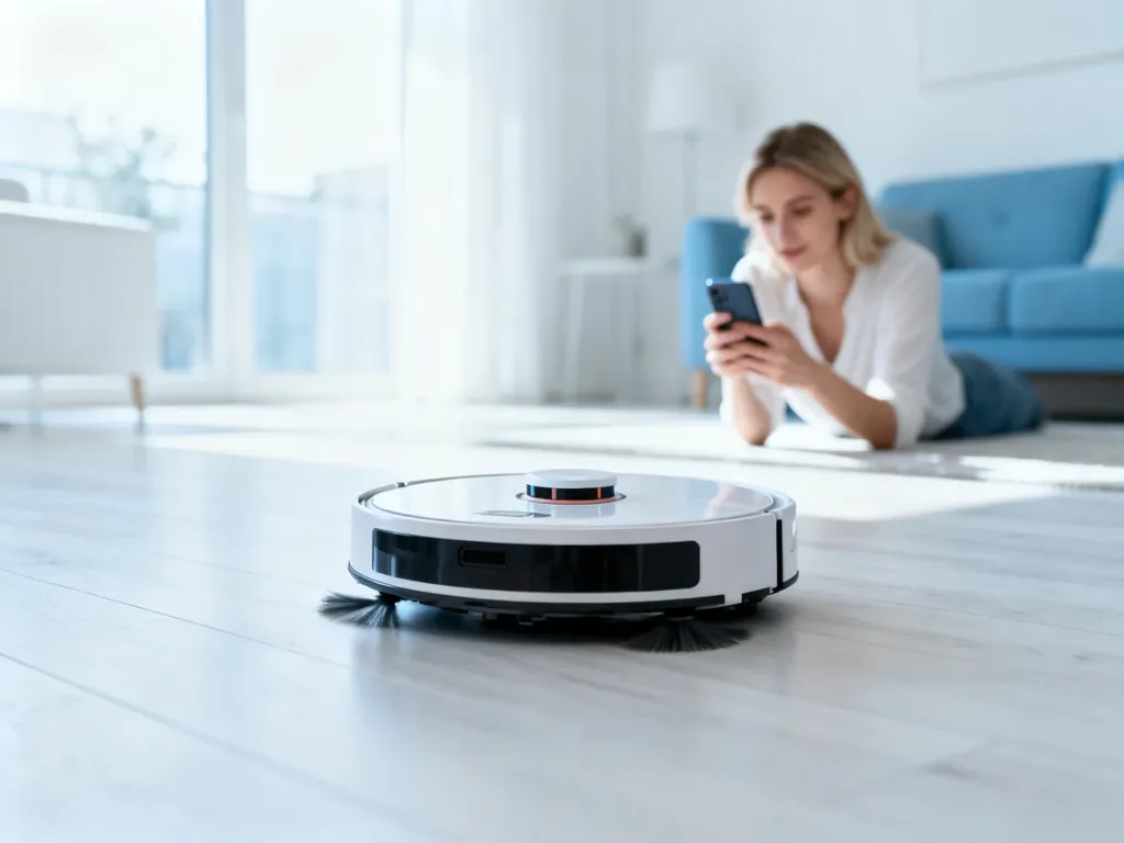 Nowoczesny robot sprzątający na drewnianej podłodze, podczas gdy kobieta w tle konfiguruje go za pomocą smartfona.