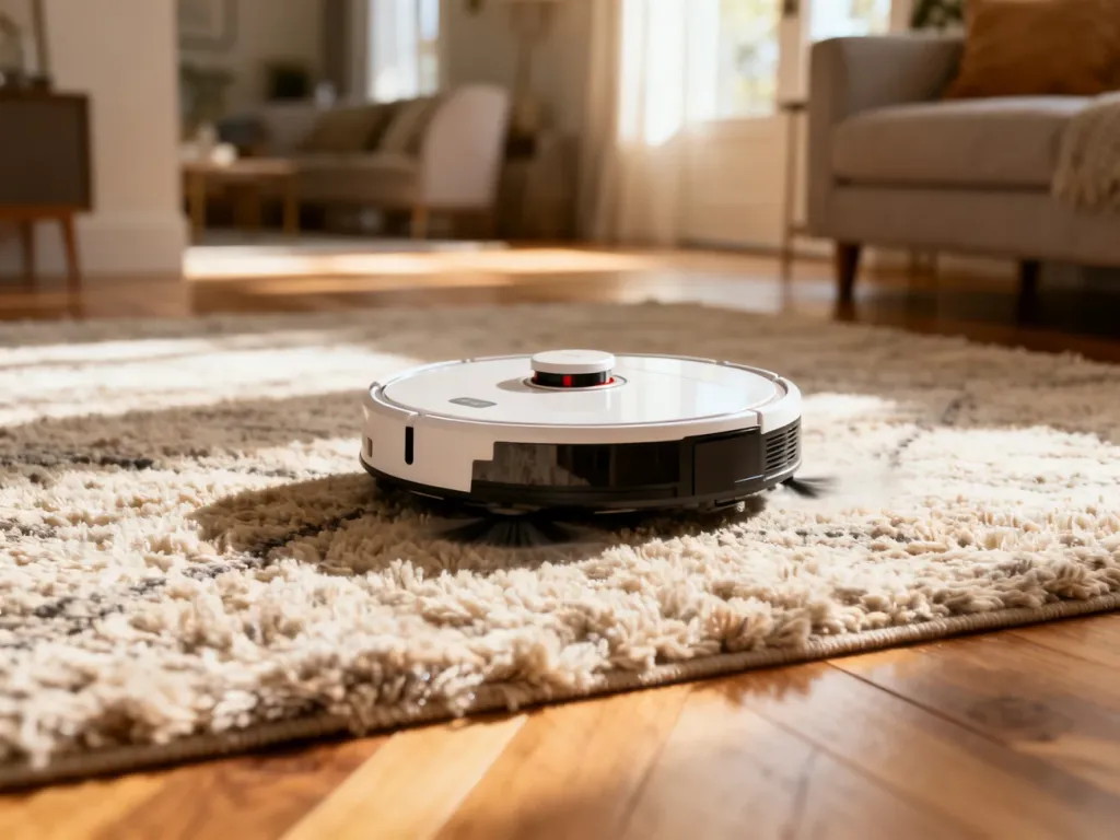 Nowoczesny robot sprzątający odkurzający gruby dywan w przytulnym, słonecznym salonie.