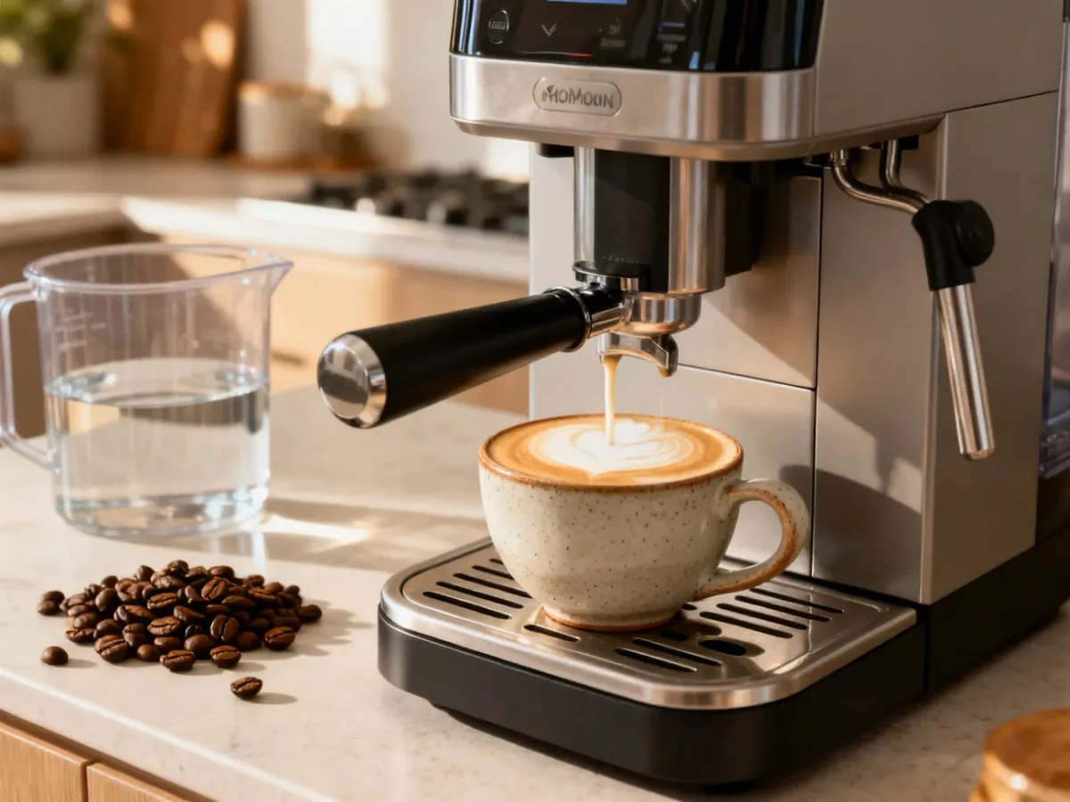 Automatyczny ekspres przygotowujący cappuccino w jasnej kuchni