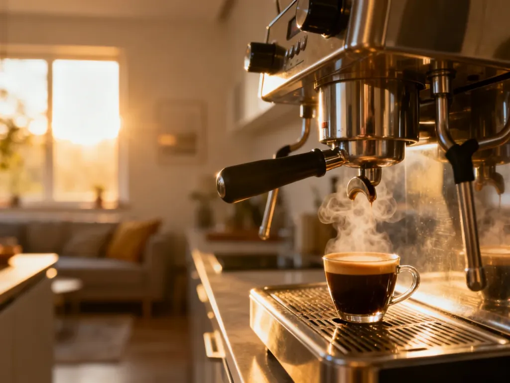 Profesjonalny ekspres ze stali nierdzewnej w nowoczesnej kuchni z filiżanką świeżego espresso w porannym świetle.