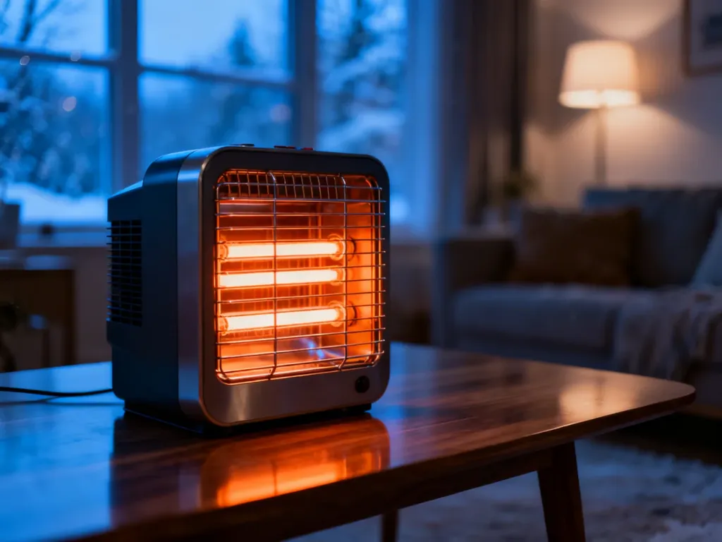 Nowoczesny termowentylator z rozgrzaną grzałką na drewnianym stole w przytulnym, zimowym wnętrzu.